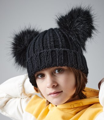 Faux Fur Double Pop Pom Beanie Wmn