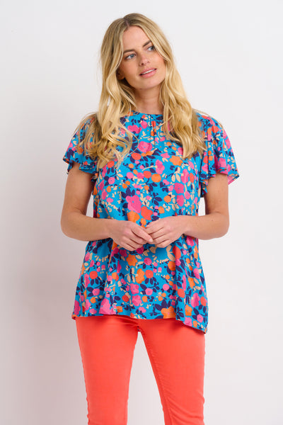 BLOOM FLORAL FLUTTER SLEEVE BLOUSE