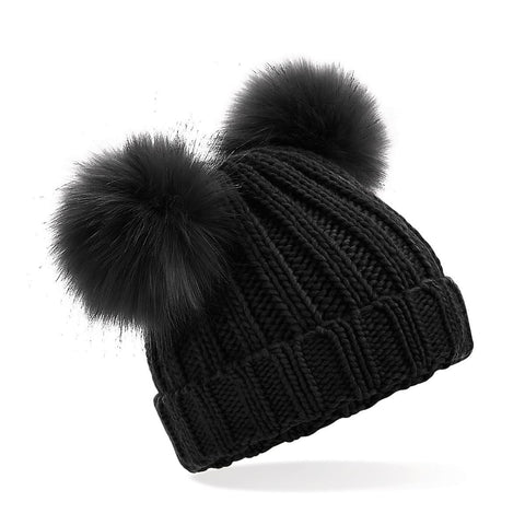 Faux Fur Double Pop Pom Beanie Wmn