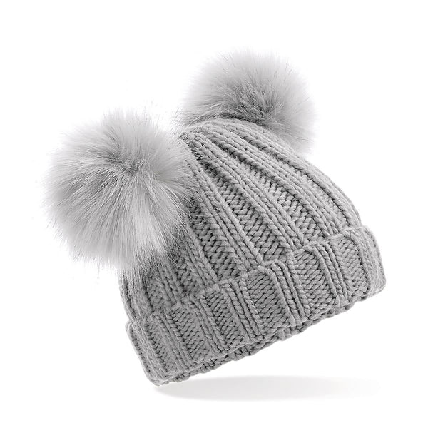 Faux Fur Double Pop Pom Beanie Wmn